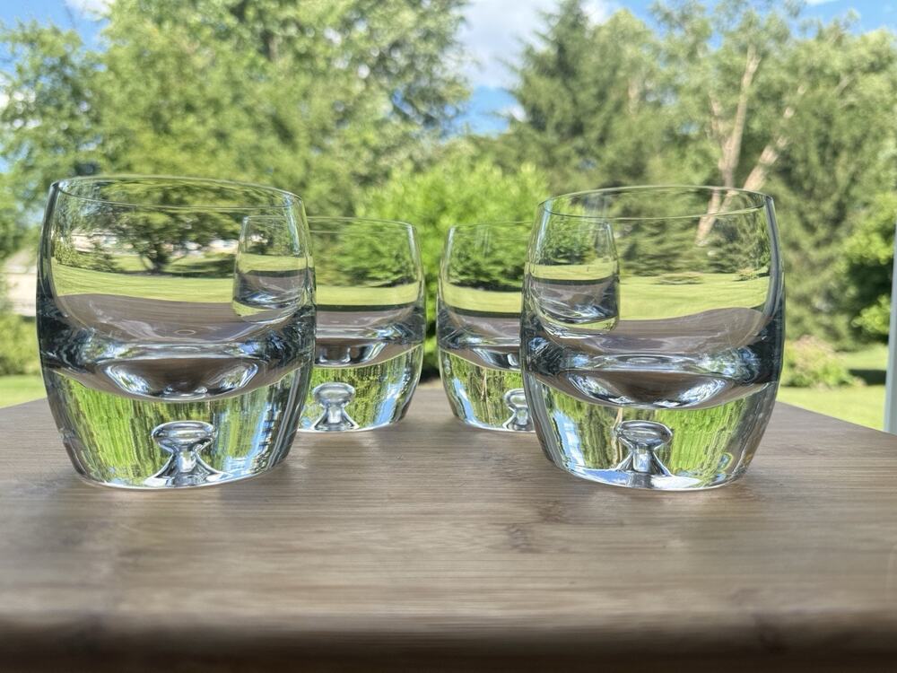 Krosno Poland Whiskey Glasses Bubble Bottom Heavy Base Clear Tumblers Set of 4